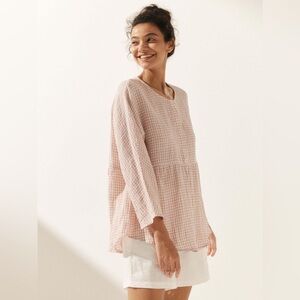Lintico Linen Plaid & Checked Long-Sleeved Top Caroline in Shell Pink, NWT, XXL
